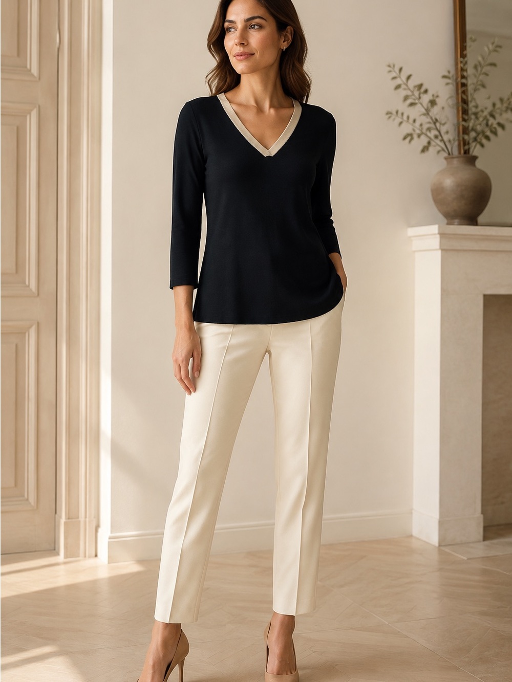 Max Mara black V-neck knit top with beige trim size S made in Italy